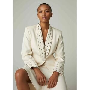 Vintage Chetta B Cream Skirt Suit Silver Grommet Trim Power Blazer & Skirt Sz 8